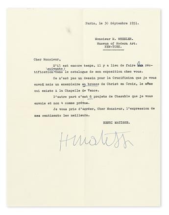 MATISSE, HENRI. Group of 4 items, each to MoMA Director of Exhibitions and Publications Monroe Wheeler: 3 Typed Letters Signed * Lart